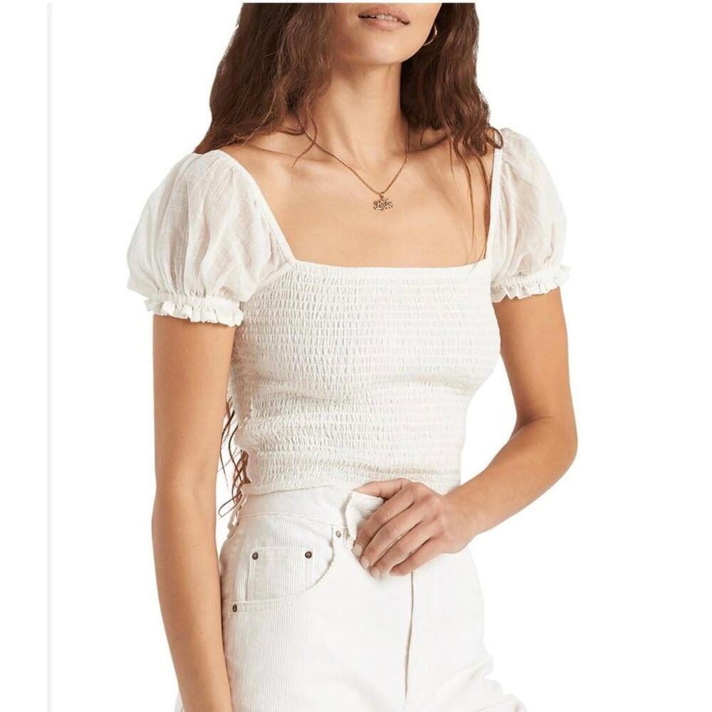 Billabong Honeysuckle Smocked Puff Sleeve Crop Top Size Small Cream Boho Cottage